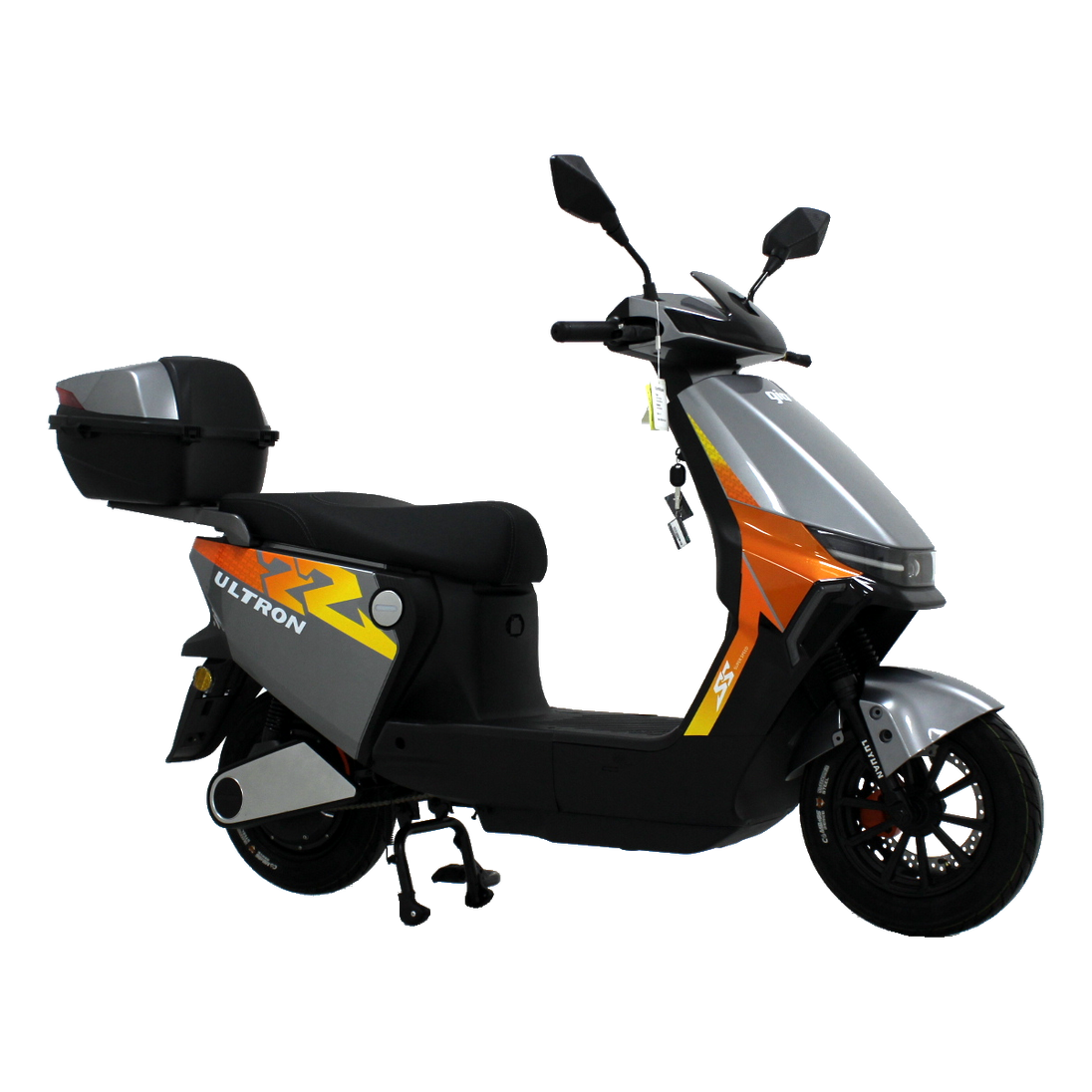 GIO Ultron eScooter with a 500W motor, 20 mph speed, 35 miles range, and sleek design. Features include hydraulic disc brakes and digital LCD display.