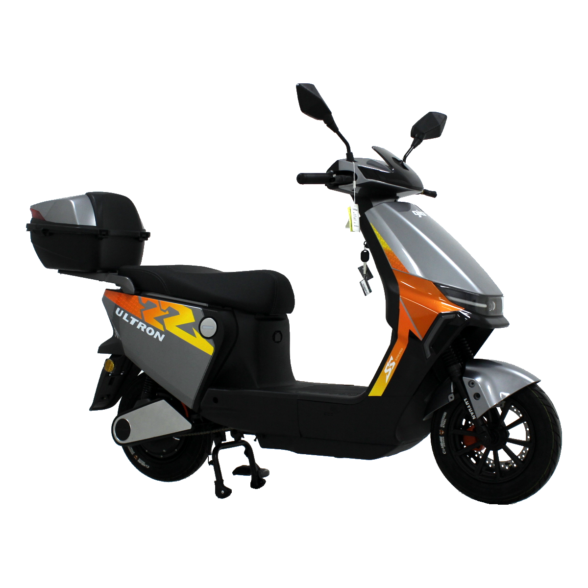 GIO Ultron eScooter with a 500W motor, 20 mph speed, 35 miles range, and sleek design. Features include hydraulic disc brakes and digital LCD display.