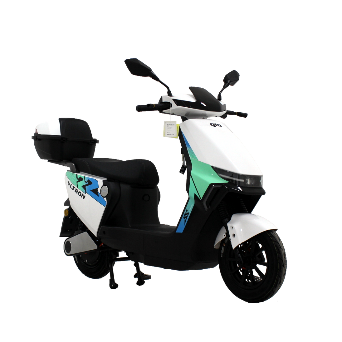 GIO Ultron eScooter with a 500W motor, 20 mph speed, 35 miles range, and sleek design. Features include hydraulic disc brakes and digital LCD display.