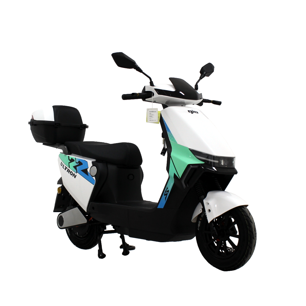 GIO Ultron eScooter with a 500W motor, 20 mph speed, 35 miles range, and sleek design. Features include hydraulic disc brakes and digital LCD display.