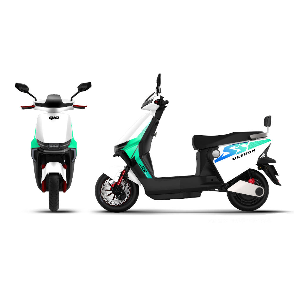 GIO Ultron eScooter with a 500W motor, 20 mph speed, 35 miles range, and sleek design. Features include hydraulic disc brakes and digital LCD display.